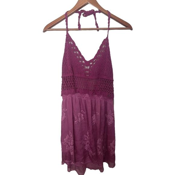 Guess Pink Hailey Crochet Embroidered Halter Top Viscose Silk Women’s Sz Large - Picture 1 of 14